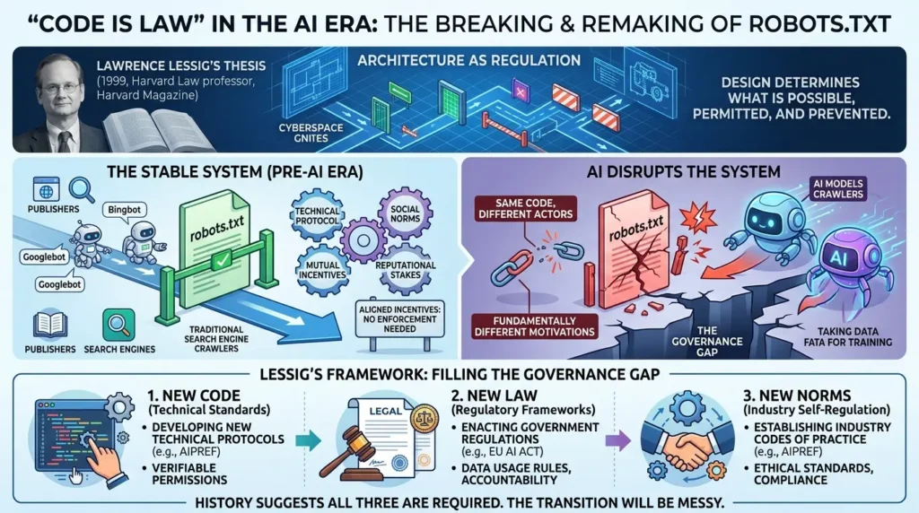From Crawl Control to AI Governance: The Unintended Evolution of Robots.txt Code as regulation and governance