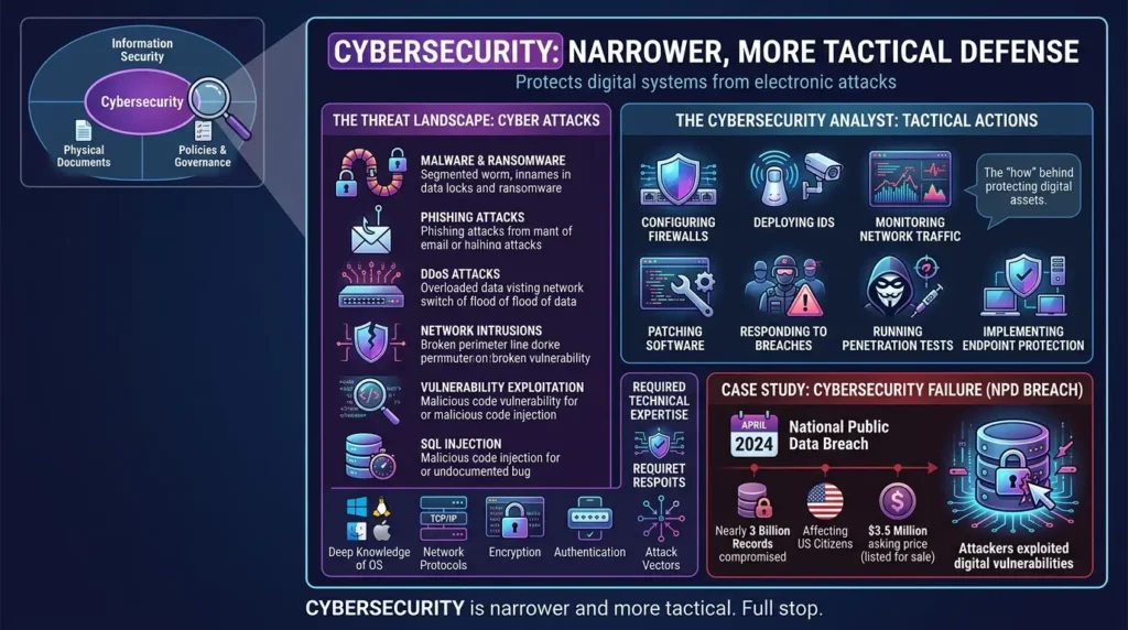 Cybersecurity vs Information Security: Key Differences, Roles, and Examples Cybersecurity protects digital systems