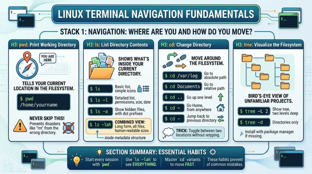 Linux Commands Cheat Sheet: 101 Essential Commands Every Beginner Should Know (2026 Edition) Linux Terminal Navigation Commands