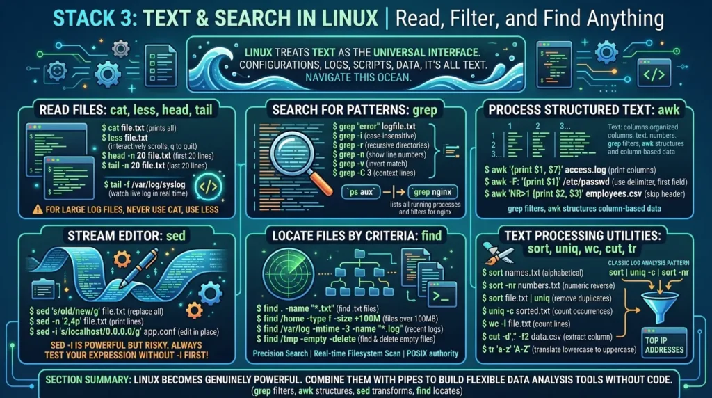 Linux Commands Cheat Sheet: 101 Essential Commands Every Beginner Should Know (2026 Edition) Linux text processing utilities