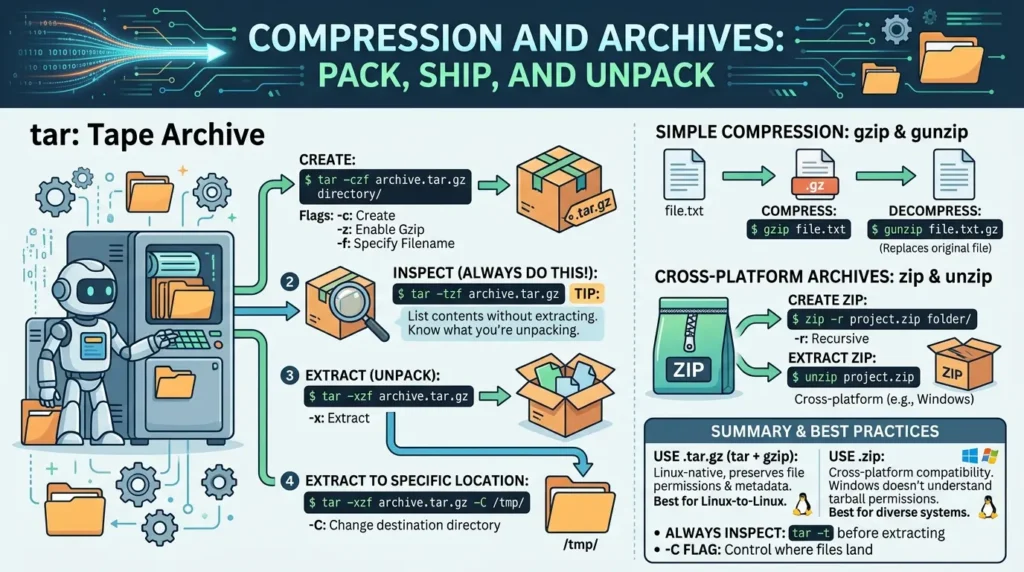 Linux Commands Cheat Sheet: 101 Essential Commands Every Beginner Should Know (2026 Edition) Compression and Archives Pack Ship