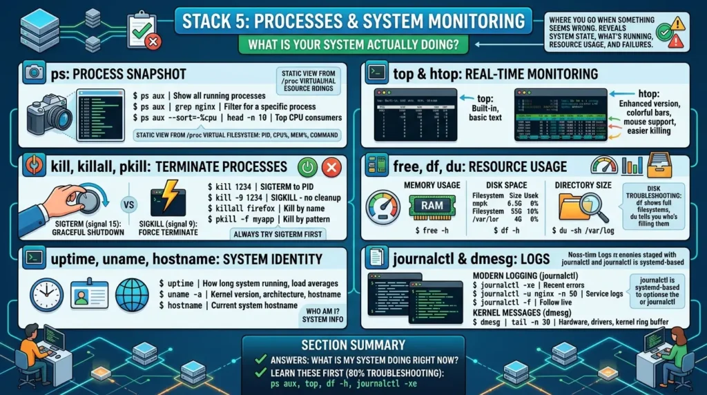 Linux Commands Cheat Sheet: 101 Essential Commands Every Beginner Should Know (2026 Edition) System monitoring processes