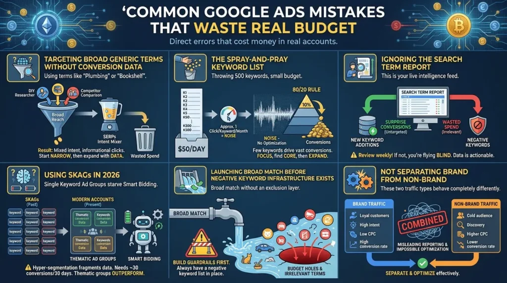 Common mistakes waste budget in Google Ads 