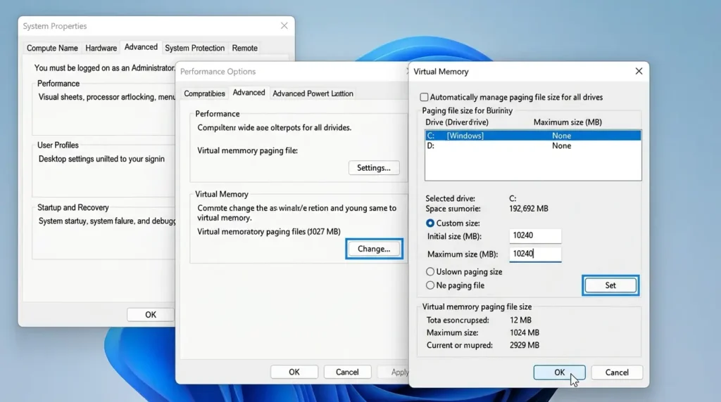 Virtual memory settings change