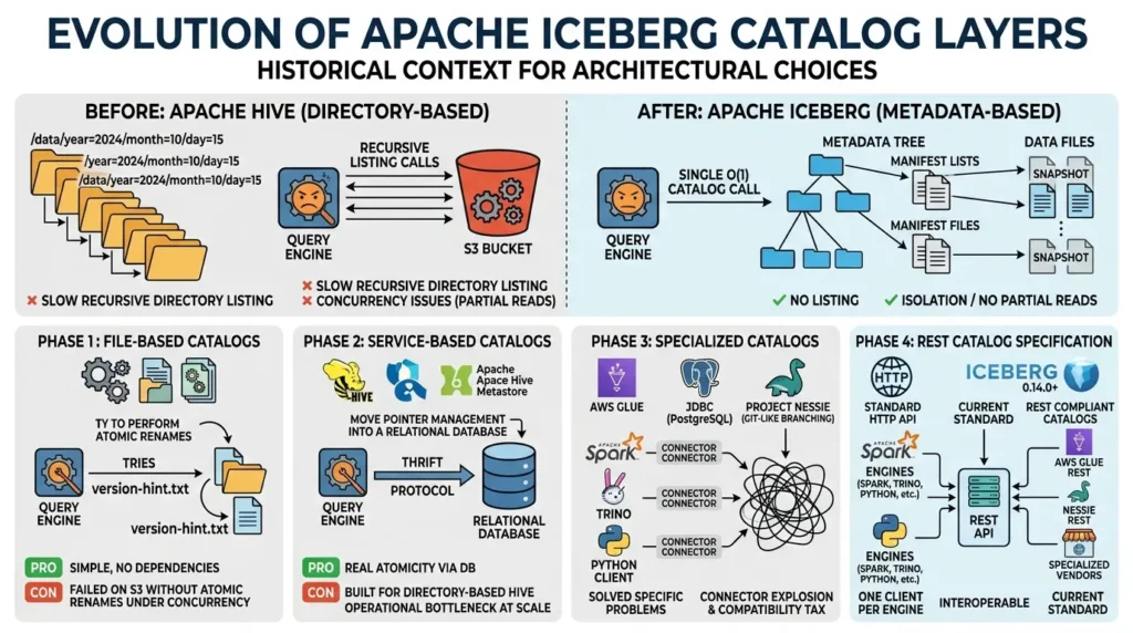 Apache Iceberg Catalog Explained: REST Spec, Architecture, and How to Choose the Right Strategy Iceberg catalog evolution phases