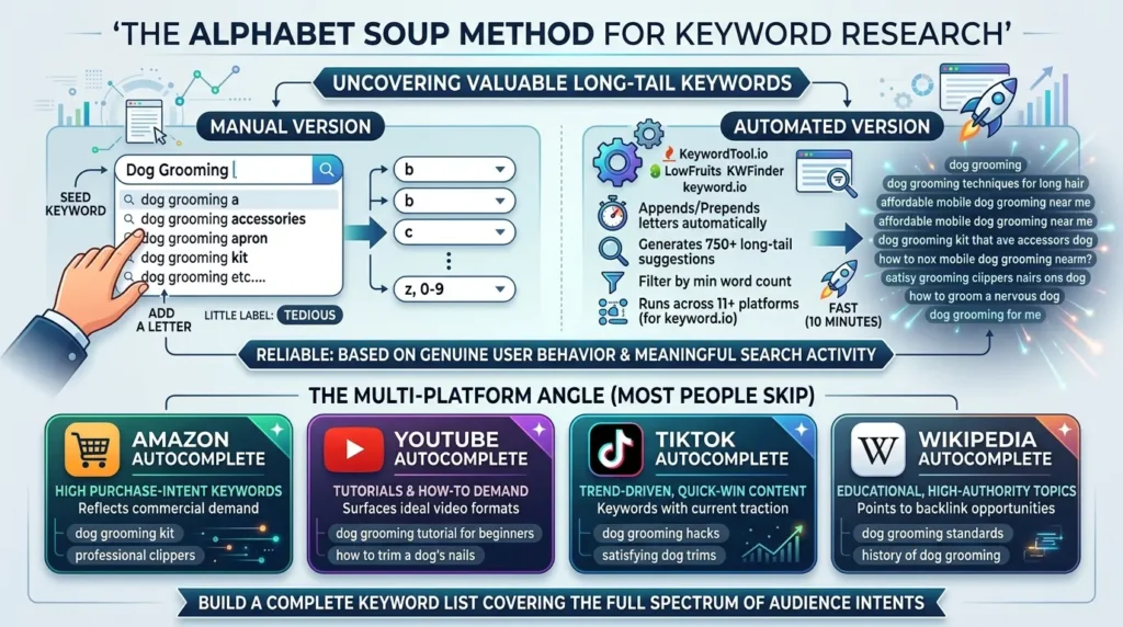 Free Keyword Research Tools That Actually Work in 2026 (No Paid Subscriptions Required) Alphabet Soup Keyword Method