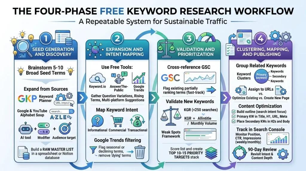 Free Keyword Research Tools That Actually Work in 2026 (No Paid Subscriptions Required) Four-Phase Free Keyword Research