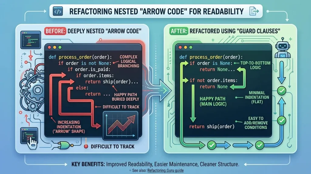 Guard clauses replace nested