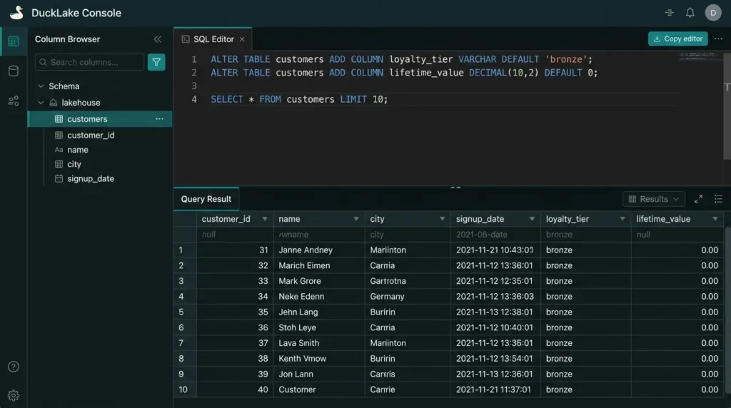 Metadata only schema changes Ducklake