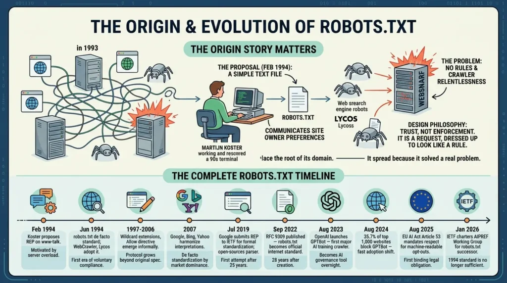 From Crawl Control to AI Governance: The Unintended Evolution of Robots.txt Origin story of robots.txt matters
