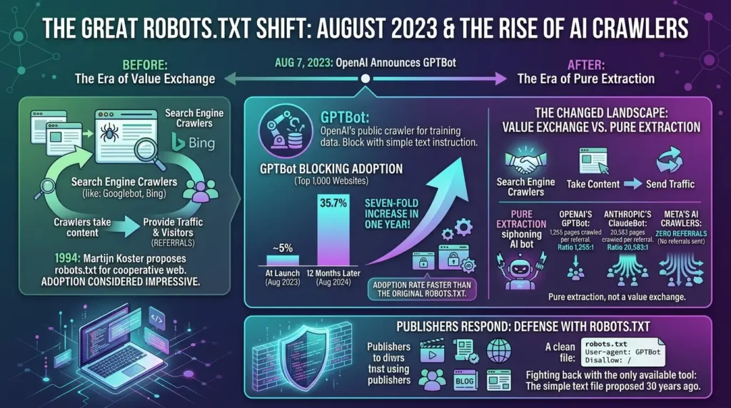 From Crawl Control to AI Governance: The Unintended Evolution of Robots.txt Robots.txt identity changed August 2023