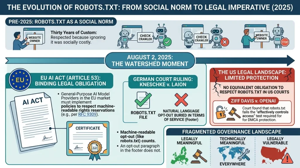 From Crawl Control to AI Governance: The Unintended Evolution of Robots.txt Robots.txt legal meaning fragmented