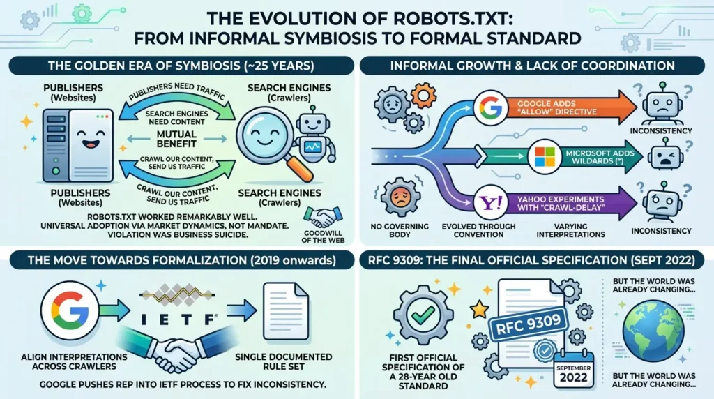 From Crawl Control to AI Governance: The Unintended Evolution of Robots.txt Robots.txt standard evolution