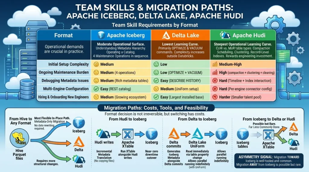Apache Iceberg vs Delta Lake vs Apache Hudi: How to Choose the Right Table Format in 2026 Team skills and migration paths